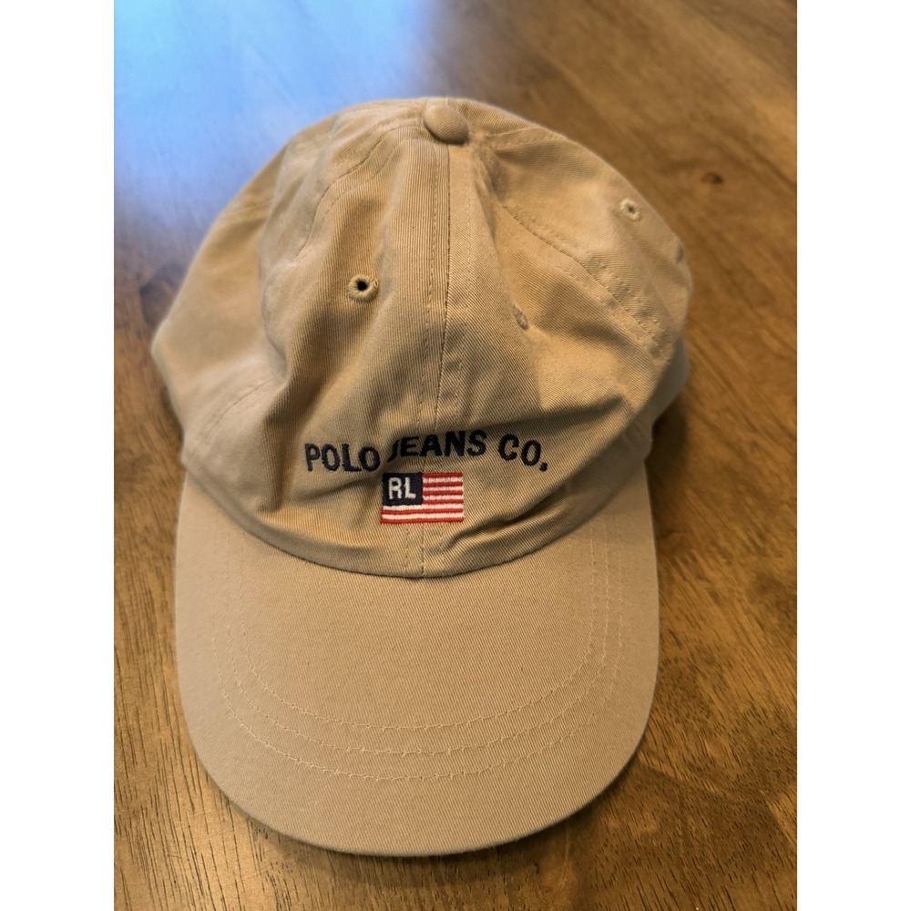Polo Ralph Lauren USA Flag Hat Khaki Tan Cotton Chino Strapback Cap Made In USA